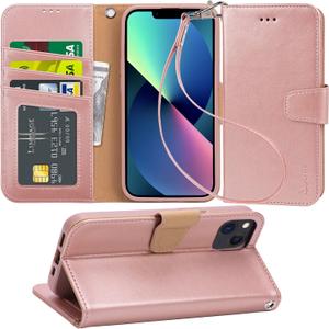 Arae Compatible with iPhone 13 Wallet Case with Card Holder and Wrist Strap for Women and Men Phone Case Flip Cover for iPhone 13 6.1 inch-Rose Gold