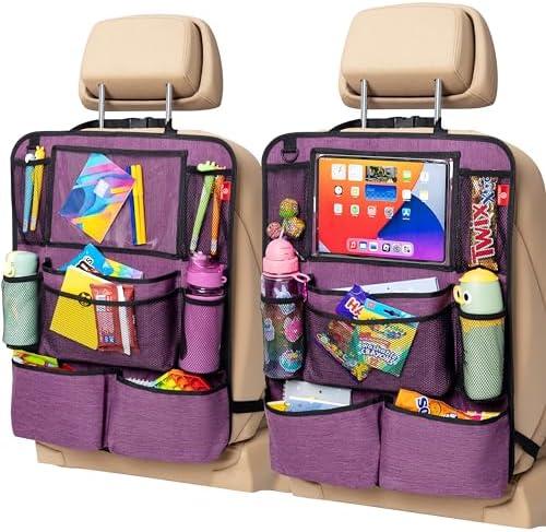 Helteko Backseat Car Organizer, Kick Mats Back Seat Protector with Touch Screen Tablet Holder, Back Seat Organizer for Kids with 9 Storage Pockets, Travel Accessories (2 Pack, Violet)