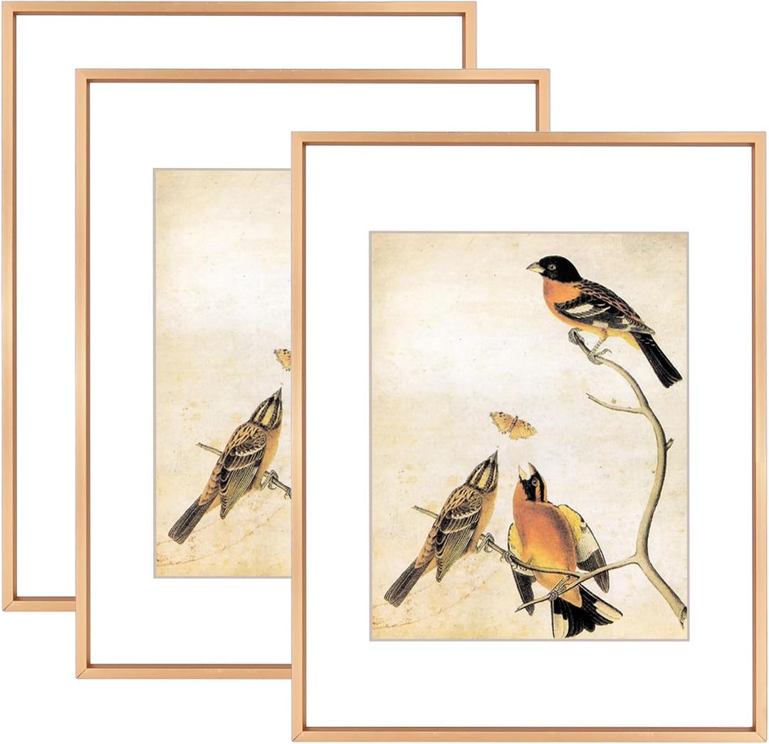 11x14 Picture Frame Set of 3, Gold Metal Photo Frames with HD Glass, Fits 8x10 with Mat or 11 x 14 without Mat, Display for Wall