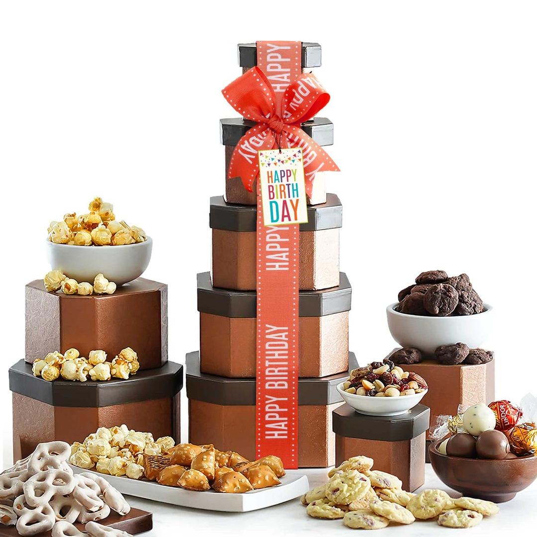 Birthday Gift Basket Tower for Women, Him, Gourmet Snacks & Sweets Food Gifts, Treat Box with Cookies, Delicious Treats, Candy Surprise by Broadway Basketeers