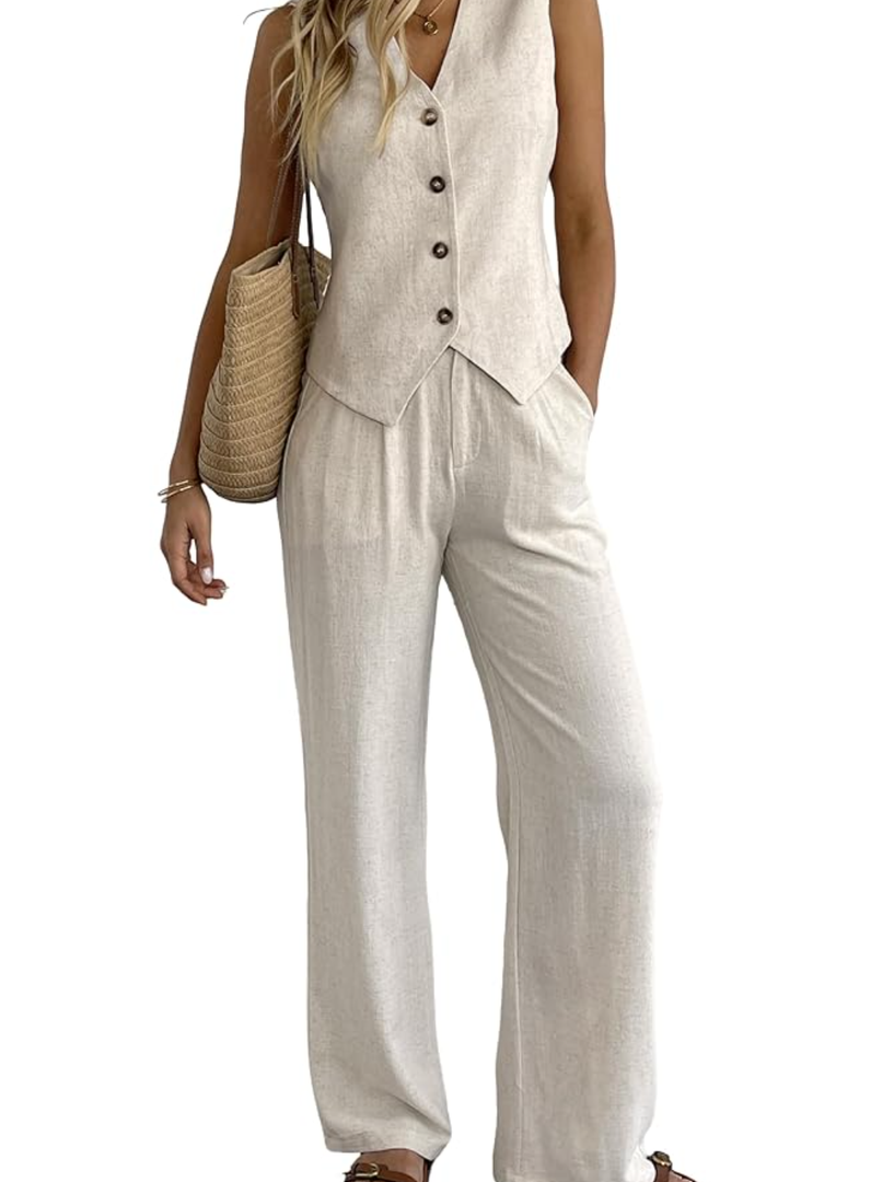 Women's 2 Piece Outfits Linen Vest Waistcoat Dressy Casual Sets Wide Leg Pants Suits, Size Large