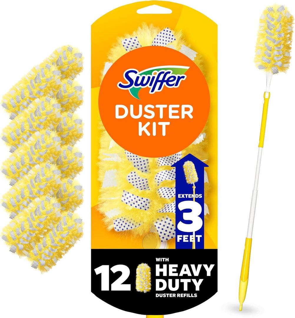 Swiffer Duster Kit with 3 ft Extendable Handle, Heavy Duty Dusting Starter Kit with 12 Refills, for Ceiling Fans, Vents and Hard to Reach Places (13 Piece Set)