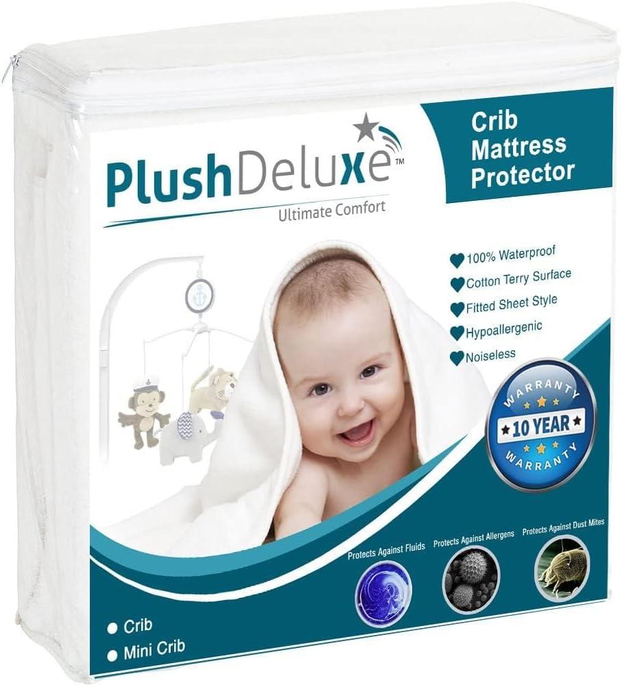PlushDeluxe Waterproof Mattress Protector Breathable Soft Cotton Terry Surface (Mini Crib)
