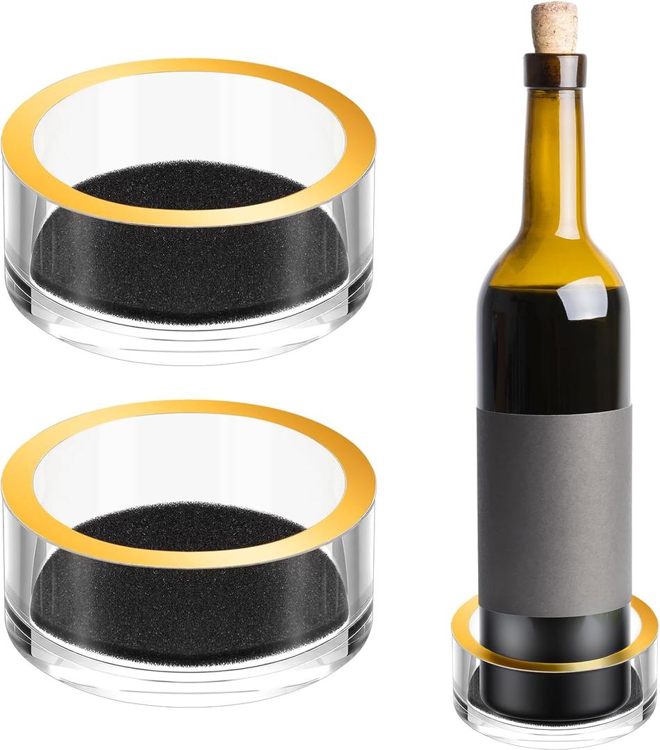 LemonRoad 2pcs Acrylic Wine Bottle Coaster Clear Drink Coaster with Gold Rim and Foam for Champagne Bottles Jewelry Organizer Modern Housewarming Gift
