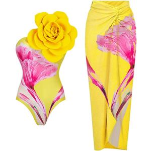 Women One-Piece Swimsuit with Cover up Wrap Skirt Sarong Bathing Suit Beach Outfit Summer (X-Large, Yellow 3d Flower Y316)