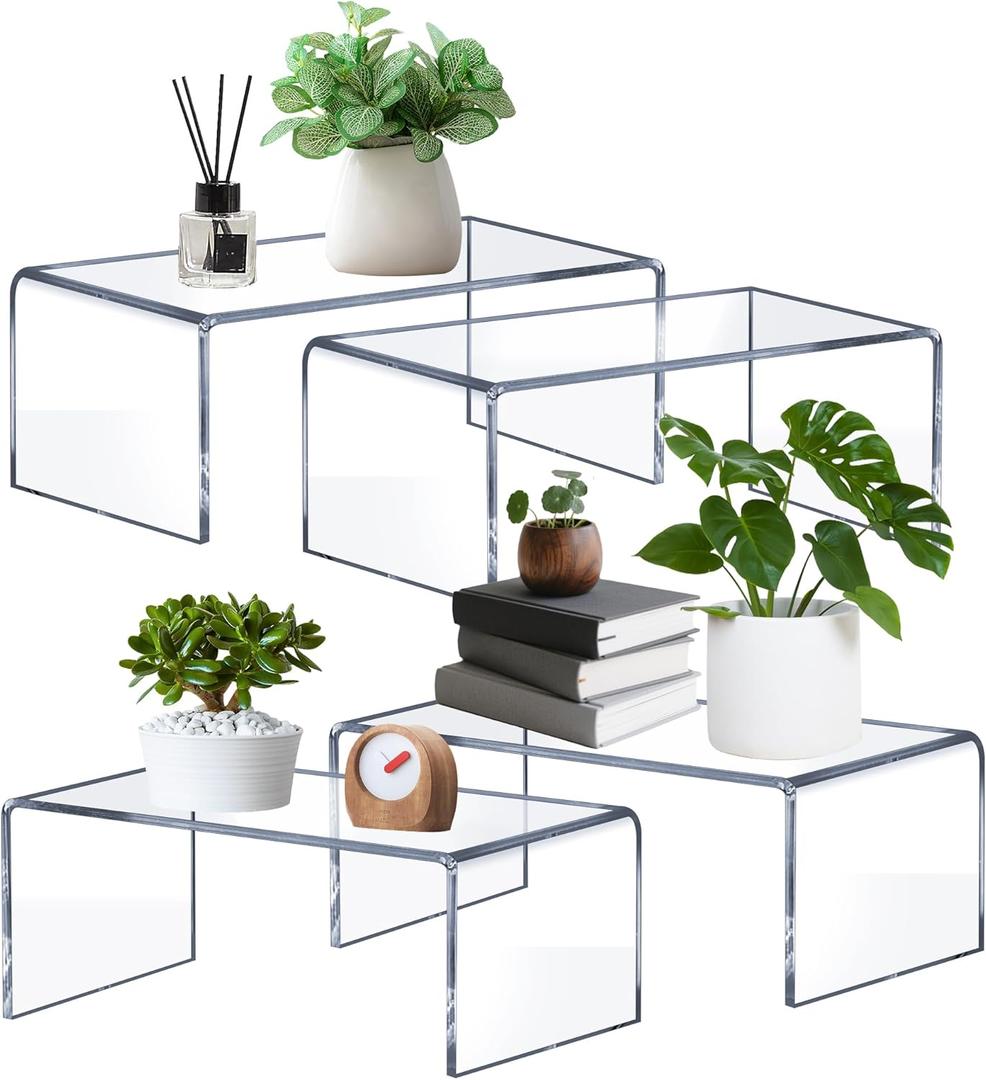 Large Acrylic Risers 4 Pcs - 5mm Thick Clear Display Risers (12.4 x 5 x 5) for Perfume Organizer, Collectibles, Figures, Jewelry & Retail Showcase