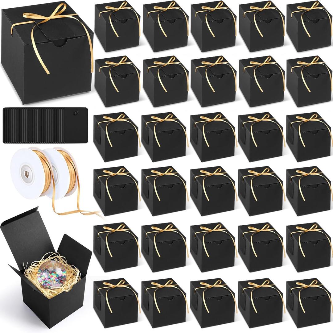 YooNotee 100 Pcs Small Gifts Boxes 4x4x4 Inches Black Square Gift Boxes with Lids Cards Ribbons, Square Favor Box Bulk for Gifts Candy Wedding Bridesmaids Birthday Party(4x4x4 Inches, Black)