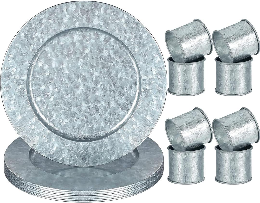 Charger Plates 13 Inches Chargers for Dinner Rustic Galvanized Charger Plates Napkin Ring Farmhouse Napkin Modern Rings for Dinning Table Decor, Simple, Silver(8 Sets)