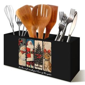 YTRGI Vintage Christmas Santa Wooden Kitchen Utensils Holder, Snowman Kitchen Decor, Rustic Xmas Tree Reindeer Wood Cooking Utensil Organizer for Countertop Counter Shelf Table Decor Accessories