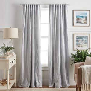 Ticking Stripe Blackout Lining Rod Pocket/Back Tab Window Curtain Panel Pair, 84", White/Indigo, Set of 2