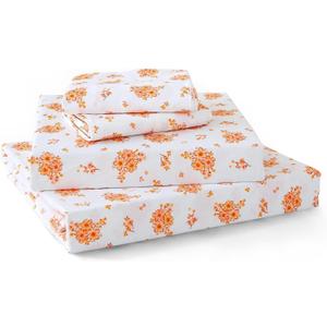 MUXHOMO Queen Size 4 Piece Sheet Set, Soft & Breathable Sheet Set for Bedroom with Deep Pocket Up To 16", Wrinkle-Free & Cooling Bed Sheet with Flat Sheet, Fitted Sheet & Pillowcases - Blossoms Orange