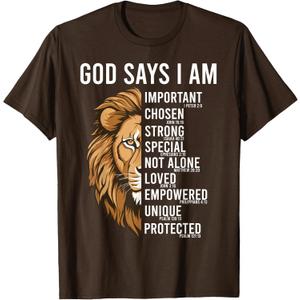 Mens Christian Lion of Judah God Says I Am Jesus Bible Verse T-Shirt, S