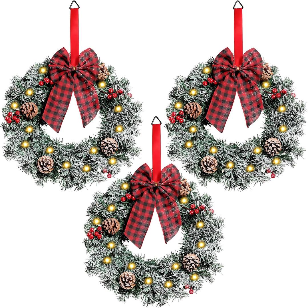 Geosar 3 Pcs Lighted Christmas Wreath, 13.8 Inch LED Christmas Wreaths with Buffalo Check Bow Pine Cone Berry, Small Lighted Xmas Window Wreaths for Front Door Wall Party Decor (Frosted)