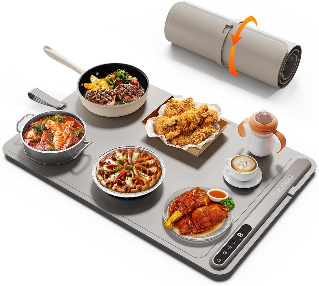 Warming Mat for Food (24"x16") - iTRUSOU 7-Level Electric Warming Tray with 400W High-Power, Timer 099H & Built-In Strap - Rollable Large Food Warming Mat for Parties & Buffet