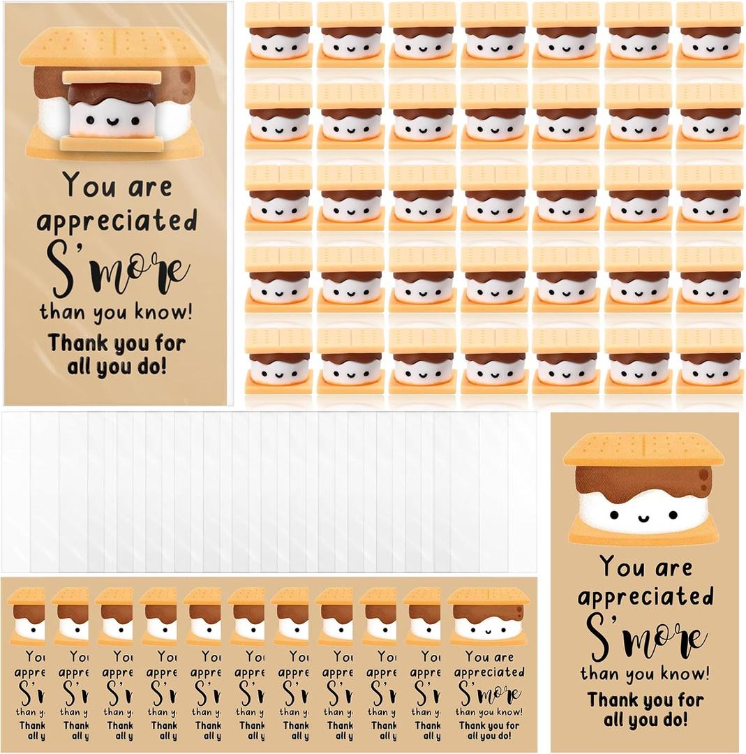 CroBlissful 100 Sets Inspirational Small Gifts Bulk Funny Cute Small Resin Marshmallow S'more with Thank You Card Appreciation Gifts for Teacher Coworker Staff Nurse Stress Fidget Toy Office Desk Pet
