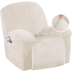 H.VERSAILTEX Recliner Chair Covers Velvet Recliner Cover 1 Piece Slip Covers for Sofas/Couches Washable Reclining Chair/Furniture Protector for Kids, Pets(Ivory, Large)