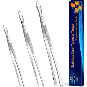 JETKONG 3 Pcs Kitchen Tweezers Tongs, Stainless Steel Cooking Tweezers, 8+10+12 Inch Ideal for meat, pasta, plating and pinching delicate small pieces of food (Silver)