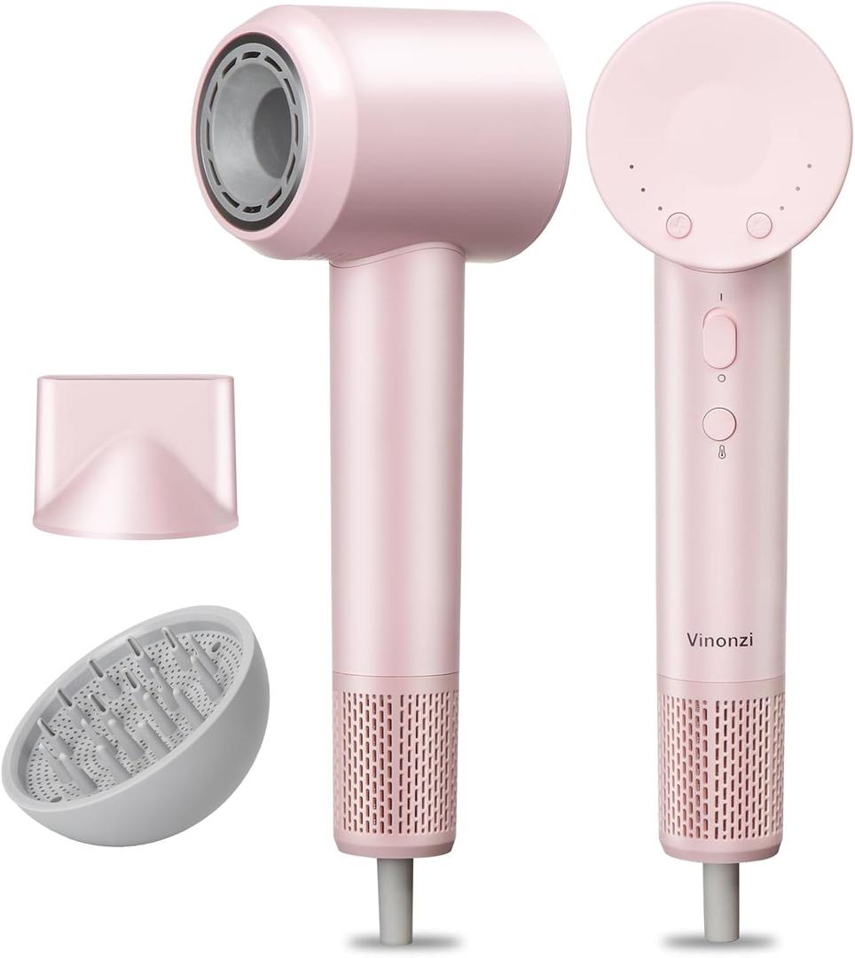 Hair Dryer, High-Speed Ionic Low Noise Blow Dryer with Brushless Motor for Fast Drying, Thermo-Control Quiet Compact Pink Hair Blow Dryers with Magnetic Diffuser for Curly Hair for Home Travel Salon