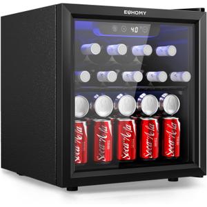 EUHOMY 48 Can Beverage Refrigerator cooler-Mini Fridge Glass Door for Beer Drinks Wines, Countertop Beverage Fridge with Adjustable Shelves Blue LED for Home/Office/Dorm/Bar, 1.3 cu.ft