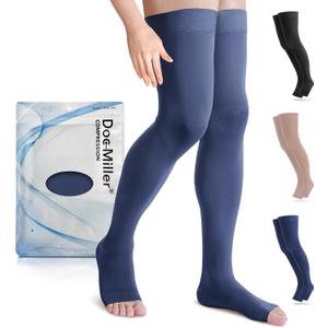 Doc Miller Thigh High Open Toe Compression Stockings 15-20mmHg for Varicose Veins, Pregnancy Support Open Toe Thigh High Compression Socks for Women and Men (Dark Blue, XX-Large)