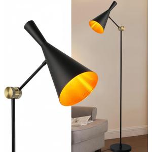 Modern Industrial Floor Lamp For Bedroom, 64'' Adjustable Gold Inner Shade Tall Floor Lamp For Office, Living Room, Skinny Corner Accent Reading Standing Lamp, Retro Farmhouse Mid-Century, Black