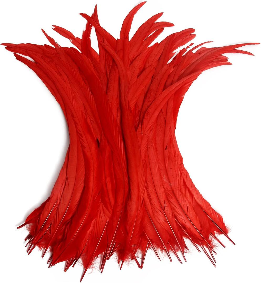 THARAHT 20PCS Rooster Coque Tail Feathers Bulk Natural 16-18Inch 40-45cm for Crafting Wedding Fly Tying Feather Party Performances DIY Decoration Rooster Tail Feather,Red