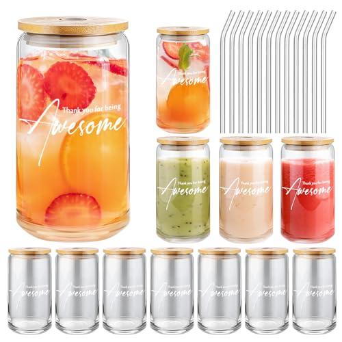 Nuanchu 12 Pack Employee Appreciation Gifts Bulk Glass Cups with Bamboo Lids and Straws, Staff Thank Gifts for Social Worker Coworkers Team Teacher Office Presents(Thank You for Being Awesome)