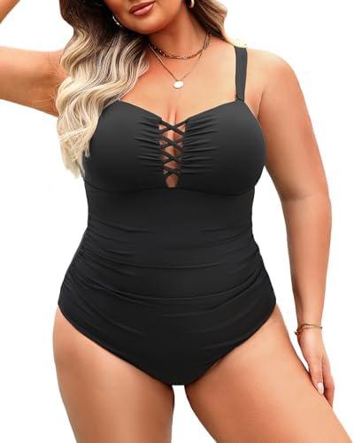 Women Plus Size One Piece Swimsuit - Tummy Control Bathing Suits Ruched Lace up Swimwear Bandeau Retro Swimsuits 2025 ( 14 Plus, Black )