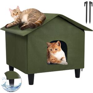 Outdoor Cat House Weatherproof with Self-Heating Mat - Elevated Feral Cat Shelter Outdoor Heated Cat Bed with 2 Escape Door, 20KG/44LBS Load, 2 Ground Nails, Large, 25"x21"