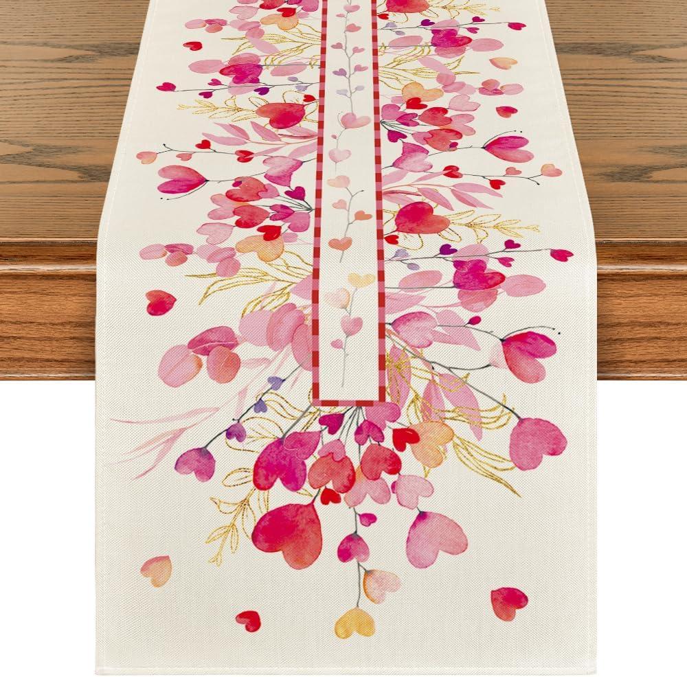 Artoid Mode Red Pink Heart Branch Valentine's Table Runner, Seasonal Leaf Kitchen Dining Table Decoration for Home Party Decor 13x120 Inch