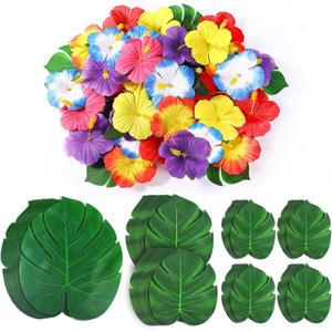 126Pcs Luau Party Decorations Supplies Tropical Palm Leaves Hibiscus Flowers Simulation Artificial Leaf for Hawaiian Luau Safari Parties Jungle Beach Theme BBQ Birthday Party Decorations Table Dcor (Large)