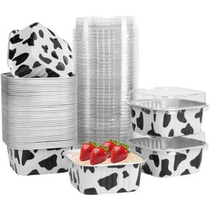50 Pcs Mini Square Baking Cups with Lids,5oz Aluminum Foil Mini Cake Pans with Lids,Disposable Ramekins Cake Pans,150ml Dessert Cups Cupcake Pans for Wedding Birthday Party,Cowprint