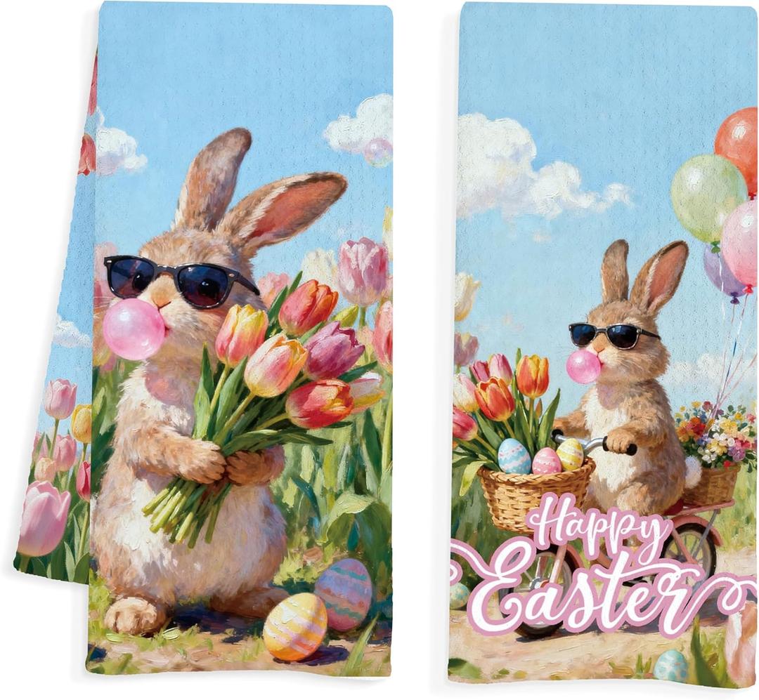 Funny Easter Bunny Kitchen Towels Decorative, Easter Gifts for Kids Bunny Lovers, Spring Tulip Flower Rabbit Hand Towels for Kids Bathroom, 16x24 Inch Set of 2
