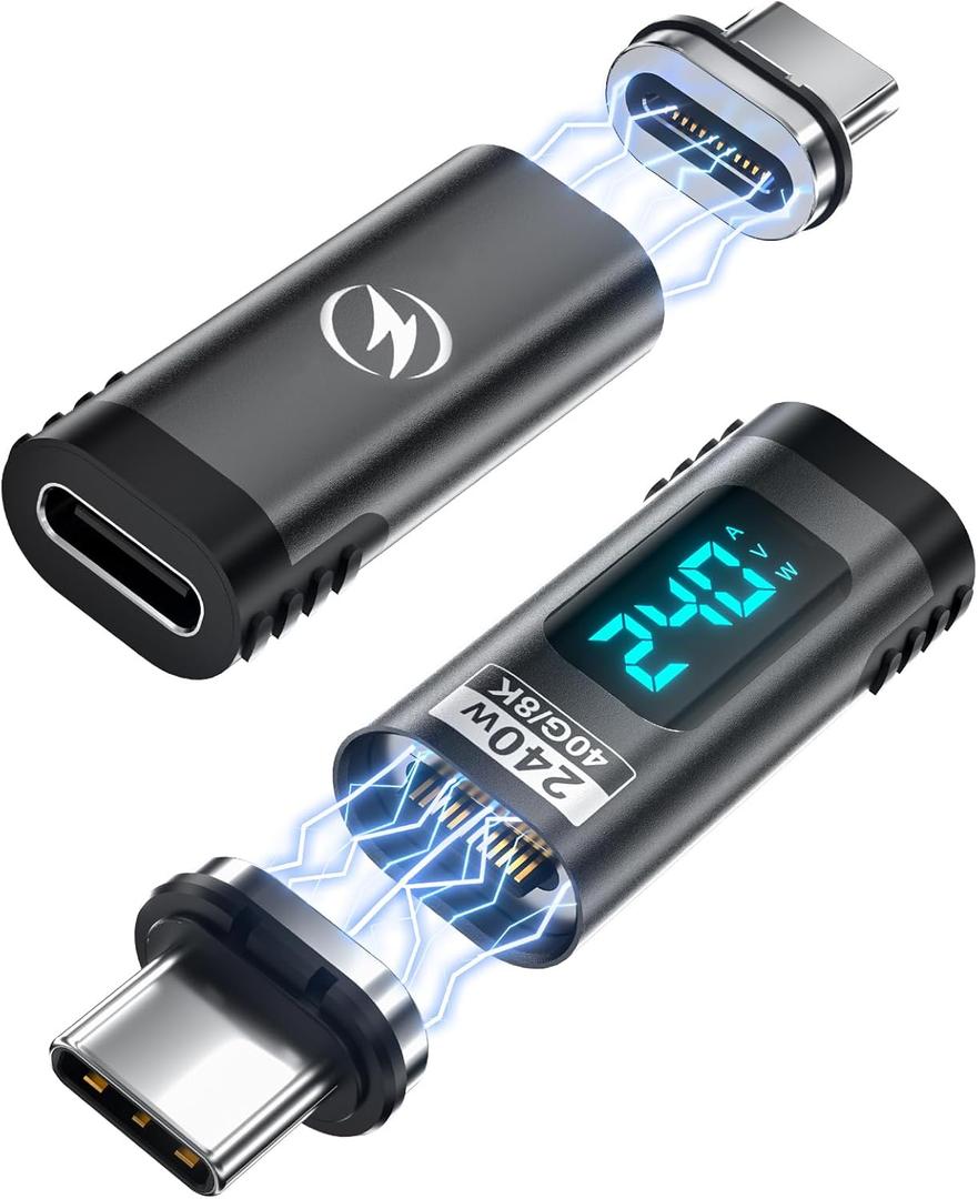 240W Digital Display USB C Magnetic Adapter 2Pack, 24Pin Straight USB C Power Meter Tester, Support Voltage, Current and Power Smart LED Display PD 240W, 40Gbps 8K 60Hz Video for 16/15, iPad, MacBook