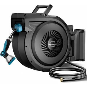Retractable Garden Hose Reel 5/8 inch x 90 ft, Wall Mounted Hose Reel for Outside, Heavy Duty Water Hose, Automatic Rewind, 180 Swivel, 10 Pattern Nozzle, Any Length Lock