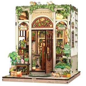 Fsolis Book Nook Kit, 3D Wooden Puzzles for Adults, 196 pcs, DIY Miniature House Kit Mini Building Booknook Bookstore Bookshelf Diorama Gifts for Women Book Lovers (Green Life's Bookshop)