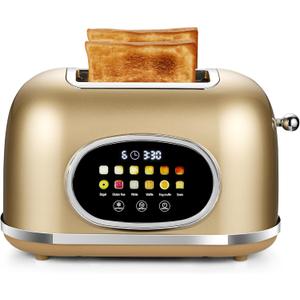 Roter Mond 2 Slice Toaster Smart Touch Screen, Retro Stainless Steel Bread Toaster with Digital Timer, Sleep Mode, Bagel, Cancel, and Defrost Functions, 6 Bread Types and Shade Settings, Gold