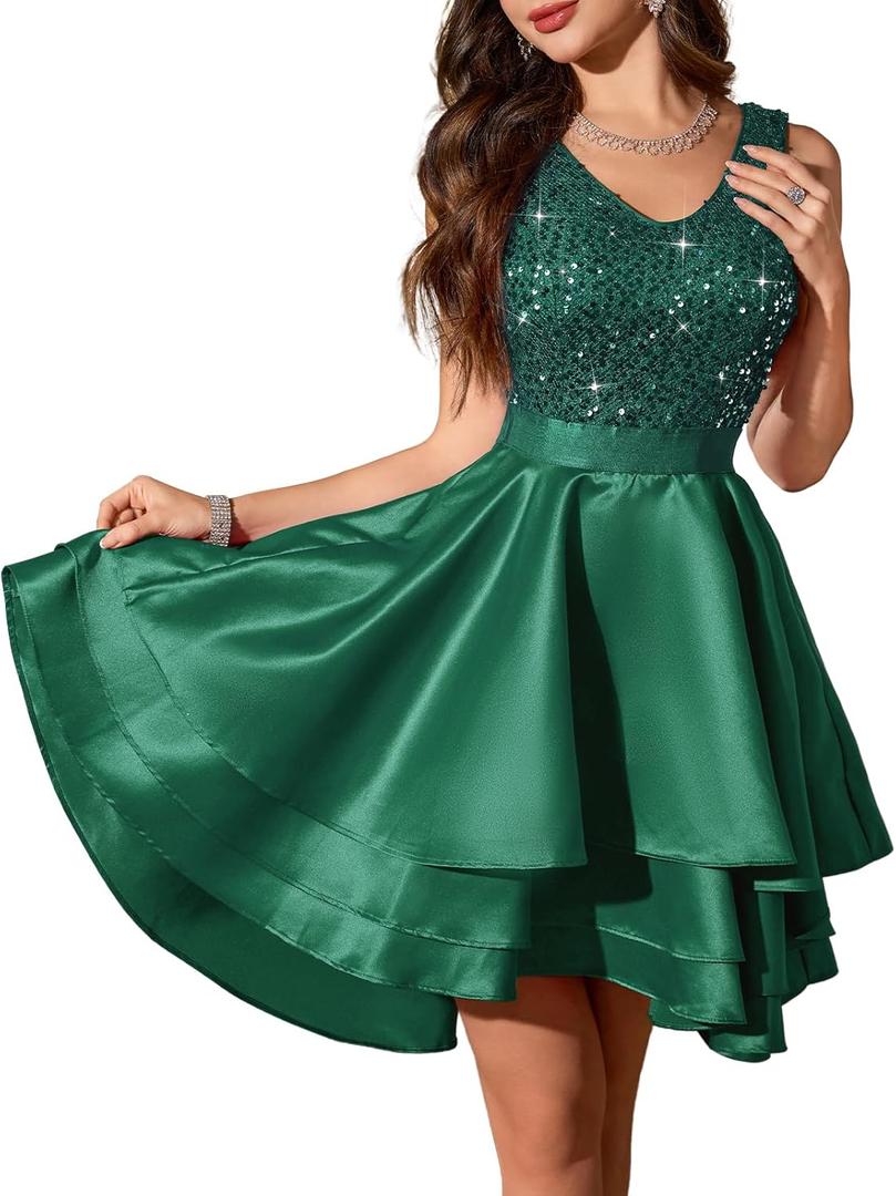 Meetjen Women's Short Prom Dresses for Teens Formal Sequin High Low Satin Bridesmaid Cocktail Party Homecoming Dress (Green, L)