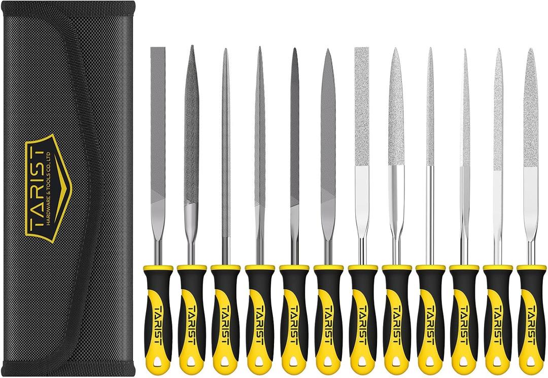 TARIST 12PCS Needle File Set with Tool Bag, Small File Set Includes 6pcs Jewlers Files & 6 Steel Files for Metal, Jewlers, Wood, Leather and Plastic