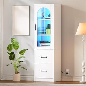 YITAHOME File Cabinet with Bookshelf and Glass Doors, 2 Drawer Filing Cabinet with LED Light, Printer Stand with Storage Shelf, Wood File Cabinets for Home Office Fits Letter, Legal, A4 Size, White