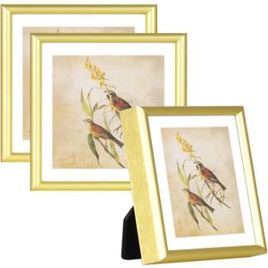 4x4 Picture Frame Set of 3, Gold Aluminum Metal Square Photo Frame with HD Glass, Fits 3x3 with Mat or 4 x 4 without Mat, Display For Tabletop or Wall Collage