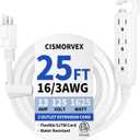 25 Ft 3 Outlet Outdoor Extension Cord Waterproof, Grounded Extension Cord with Multiple Outlets, 16/3 AWG 3 Prong Power Strip for Garden, Patio, Camping, 13A 125V 1625W, ETL Listed, White