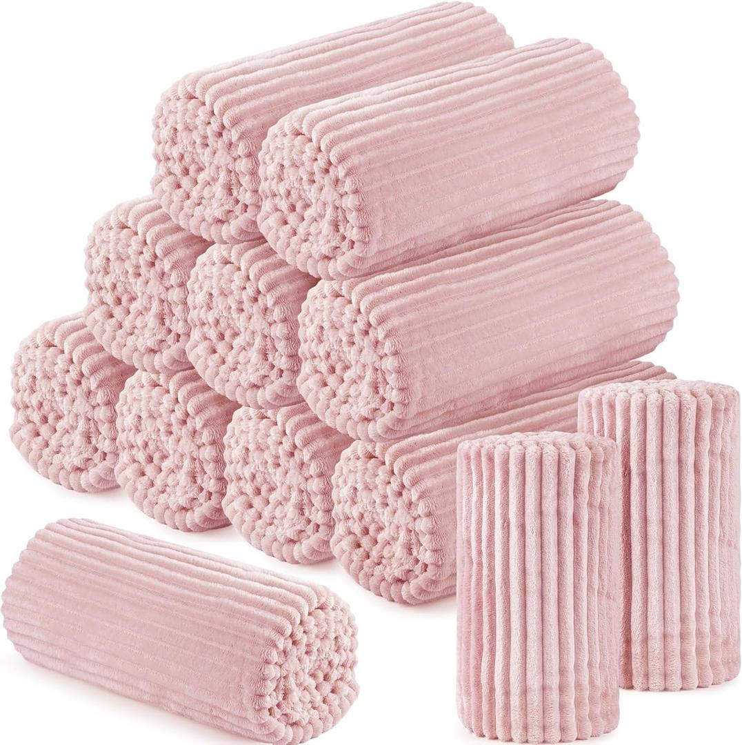 Buryeah 12 Pcs Flannel Throw Blanket Bulk 50 x 60 Inch Sleepover Blankets Wedding Throw Soft Lightweight with Striped Ribbed for Sofa Room Couch Donation Homeless Gifts (Light Pink)
