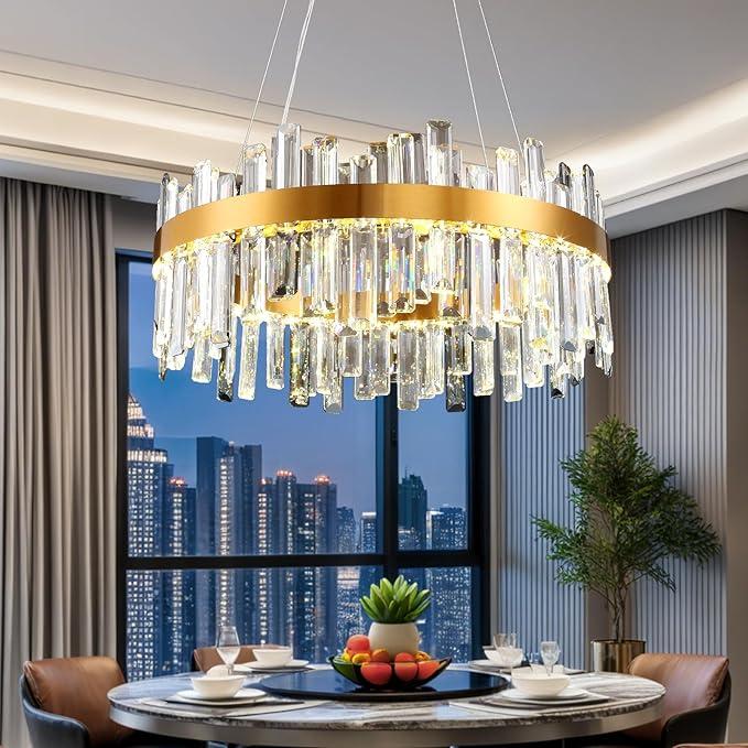 Gold K9 Crystal Chandelier,23.6 inch Modern Kitchen and Dining Light Fixture 2-Tiers Round Raindrop Chandeliers Adjustable Flush Mount Pendant Ceiling Light Fixture for Living Room Foyer Entryway
