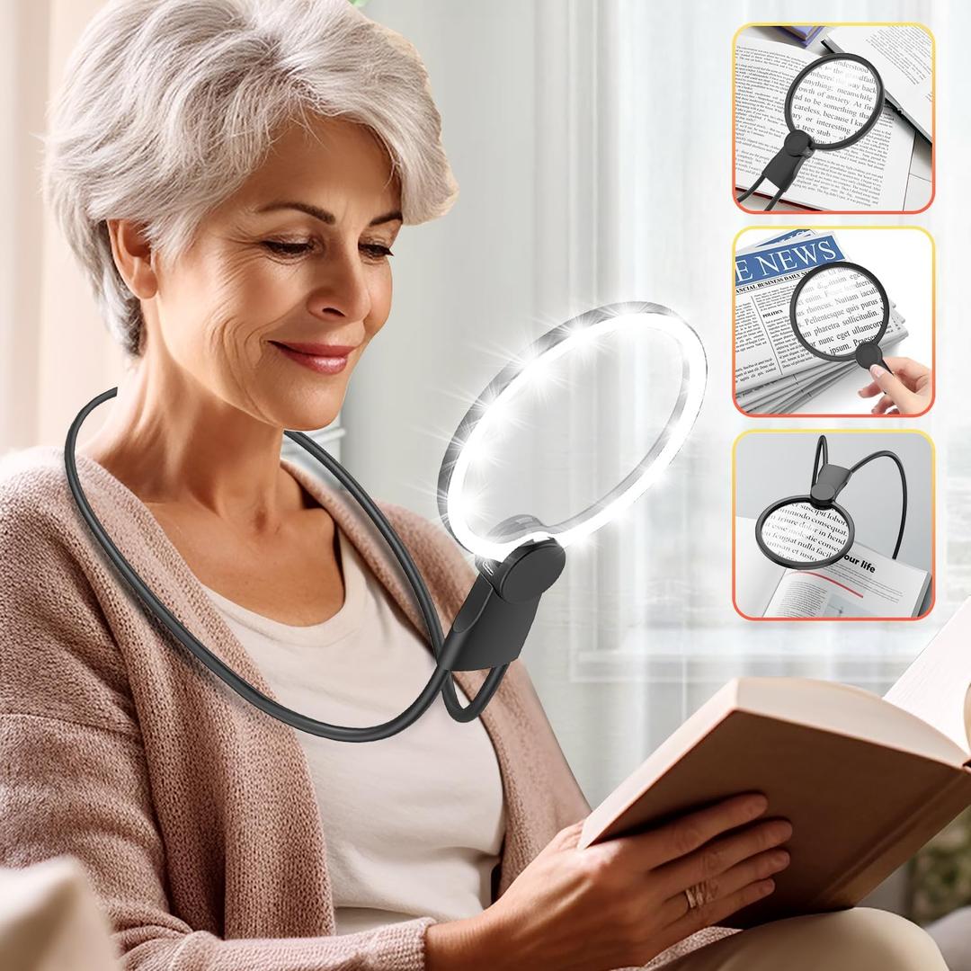 Magnifier with Light Hands Free for Reading, 5.1 Inch 6X Magnifying Glass for Reading, Neck-Worn Large Magnifier for Seniors, Useful Gifts Perfect for Reading, Sewing, Cross-Stitching