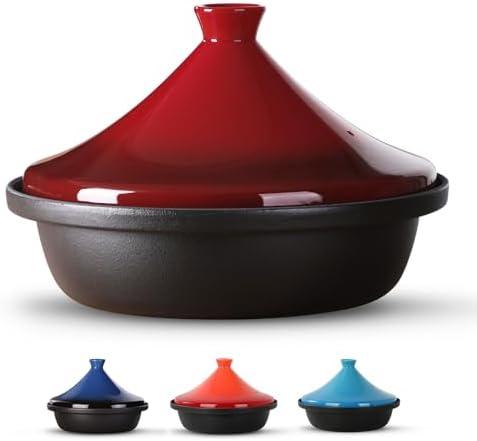 Culivora Moroccan Tagine for Cooking: Enameled Cast Iron Cooking Pot, Slow Cooker, Classic Kitchen Cookware, Tajine with Ceramic Cone-Shaped Closed Lid, 3.3 QT, Red