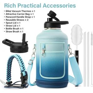 Insulated Water Bottle | Thickened Stainless Steel Vacuum Metal | Portable Sports Half Gallon Large Water Jug for Gym and Hiking with Straw, Carrier Bag, Handle Strap | BPA-Free 64 oz (Gradient Blue)