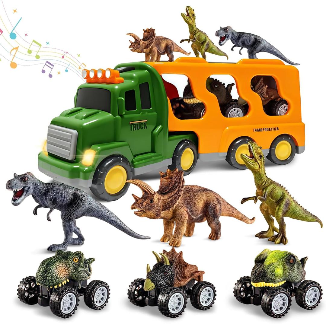 Dinosaur Toy Trucks with 3 Dino Cars & 3 Dino Figures, Sound Light Transport Carrier Truck Dinosaur Toys for Kids 3-5-7, Toddler Boy Toy for 3 4 5 6 7+ Year Old Boy Birthday Gifts Christmas
