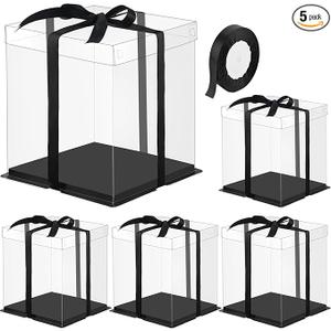 Ocmoiy 5 Pcs Clear cake Box with Black Ribbons, Transparent Tall Cake Box 8 × 8 × 9 In. Suitable for Packaging 6 Inch Cake, Disposable Cake Holder Carrier for Wedding, Birthday, Party