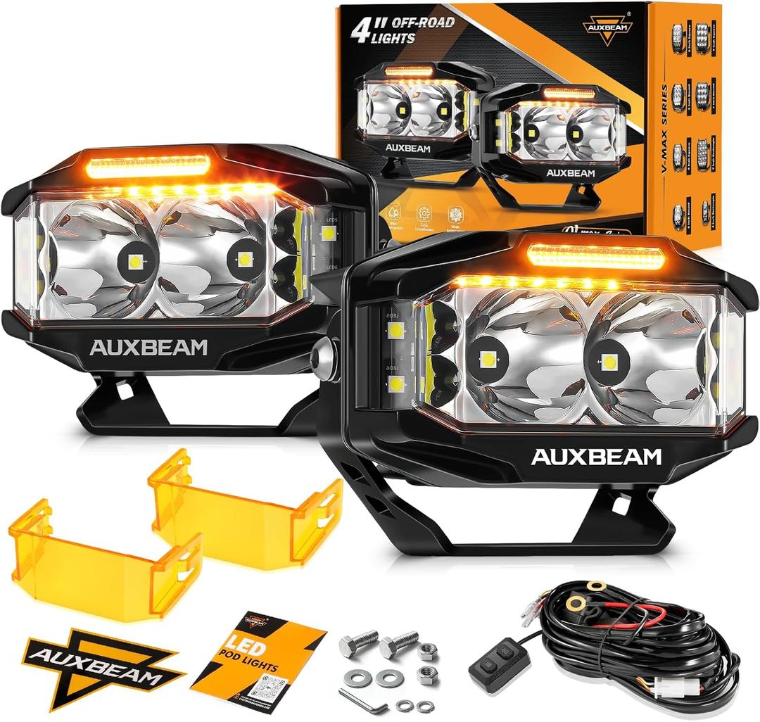 Auxbeam V-MAX Series LED Light Pod, 270 Side Shooter LED Offroad Lights with Amber DRL, 4 Inch Auxiliary Ditch Light for Truck ATV Jeep Ford
